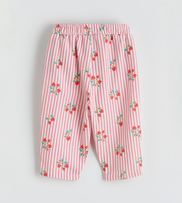 Strawberry Printed Elastic Waist Gabardine Trousers