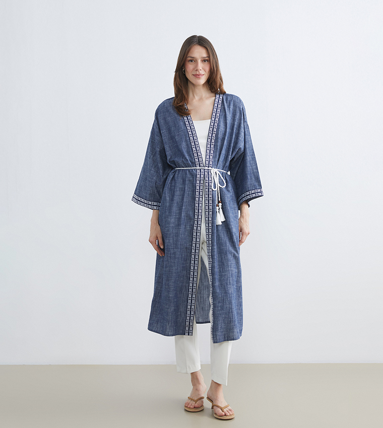 كيمونو منسوج بكم طويل