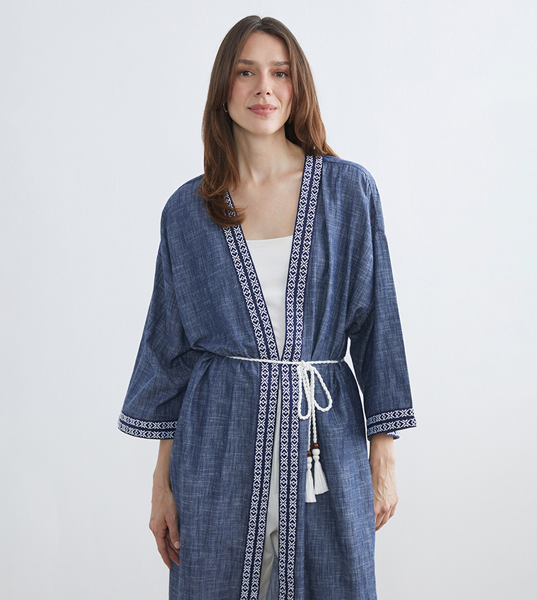 كيمونو منسوج بكم طويل