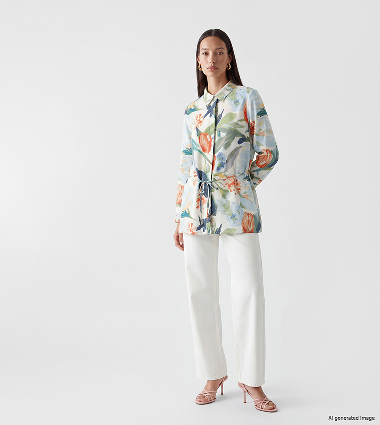 Floral Print Drawstring Waist Long Sleeves Shirt