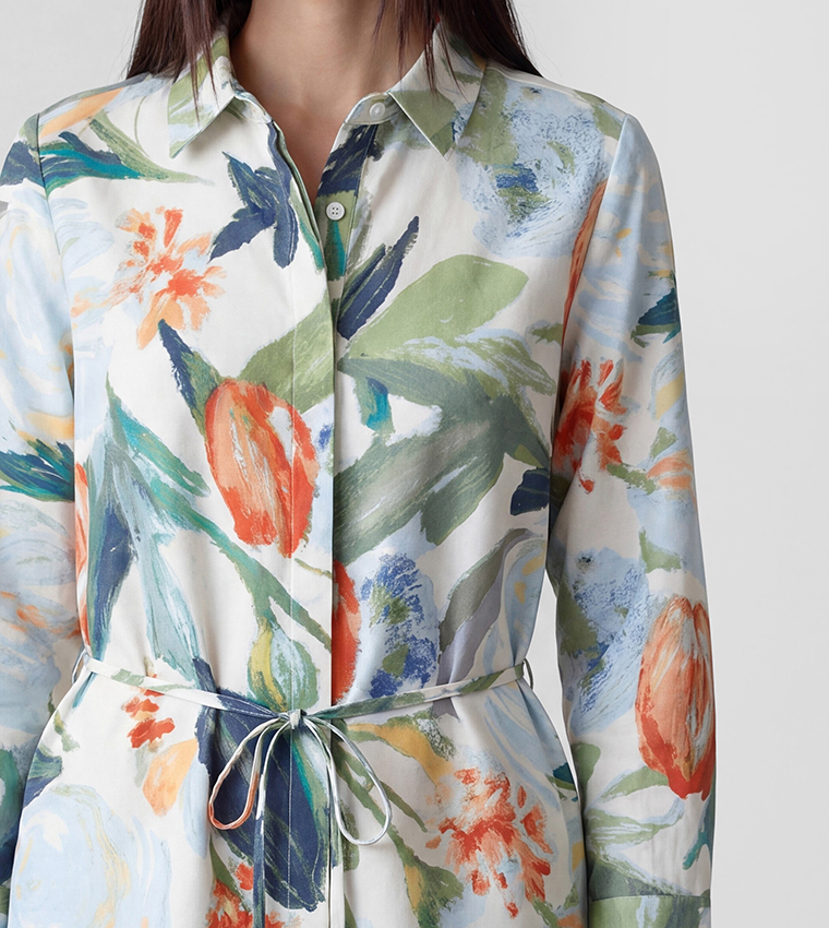 Floral Print Drawstring Waist Long Sleeves Shirt