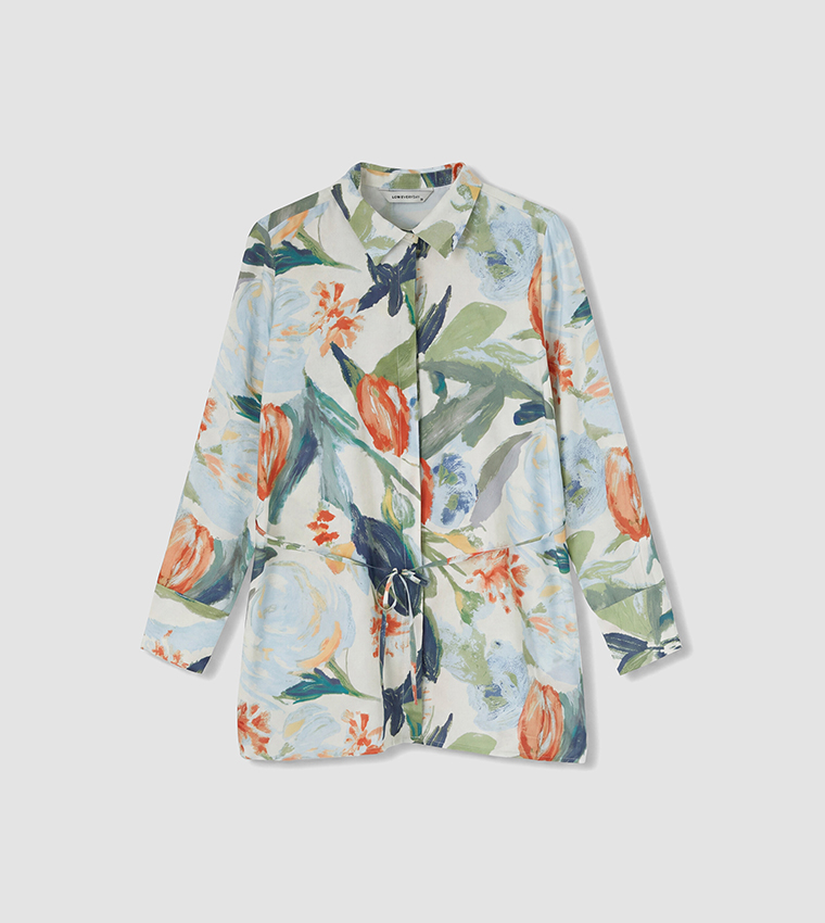 Floral Print Drawstring Waist Long Sleeves Shirt