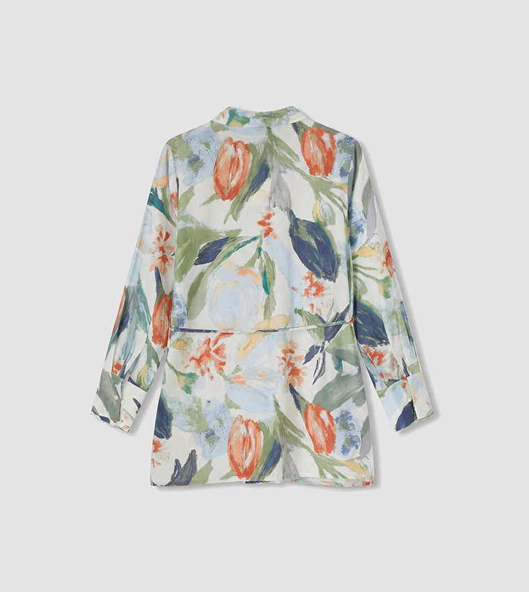 Floral Print Drawstring Waist Long Sleeves Shirt