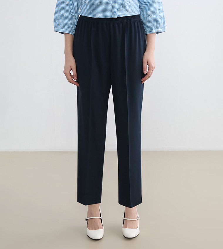 Solid Elastic Waist Linen-Look Trousers