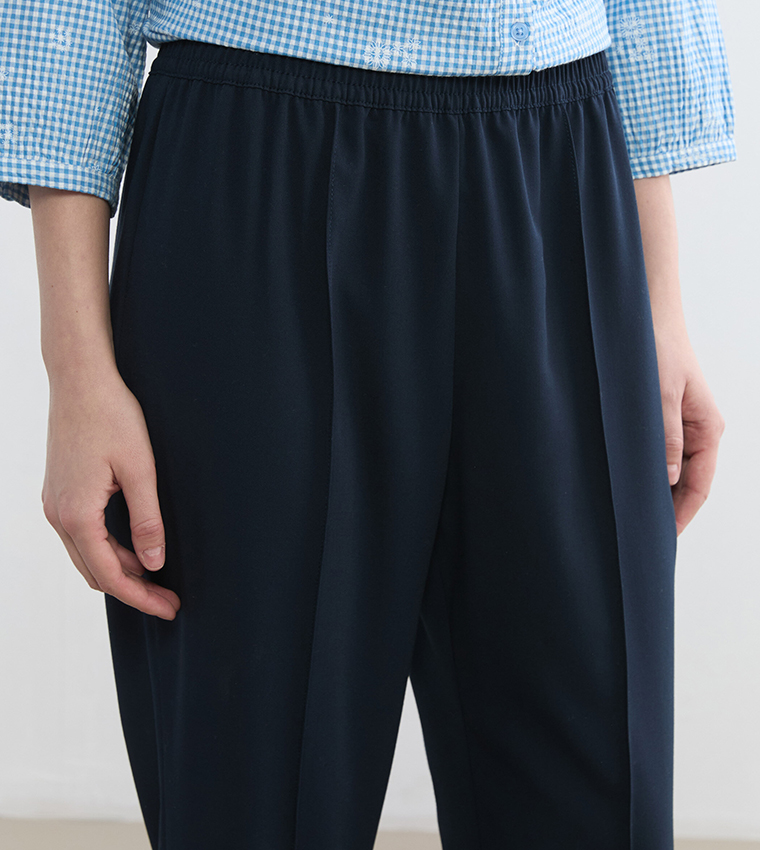 Solid Elastic Waist Linen-Look Trousers