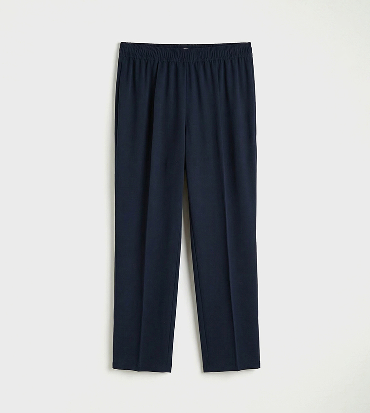 Solid Elastic Waist Linen-Look Trousers
