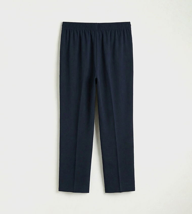 Solid Elastic Waist Linen-Look Trousers
