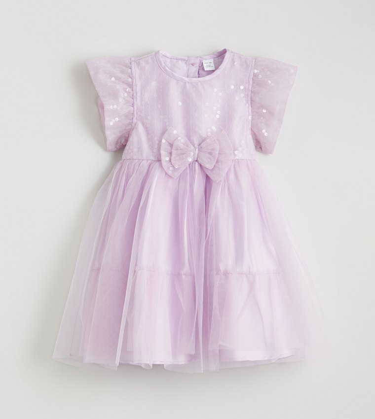 Bow Detailed Short Sleeves Tulle Dress
