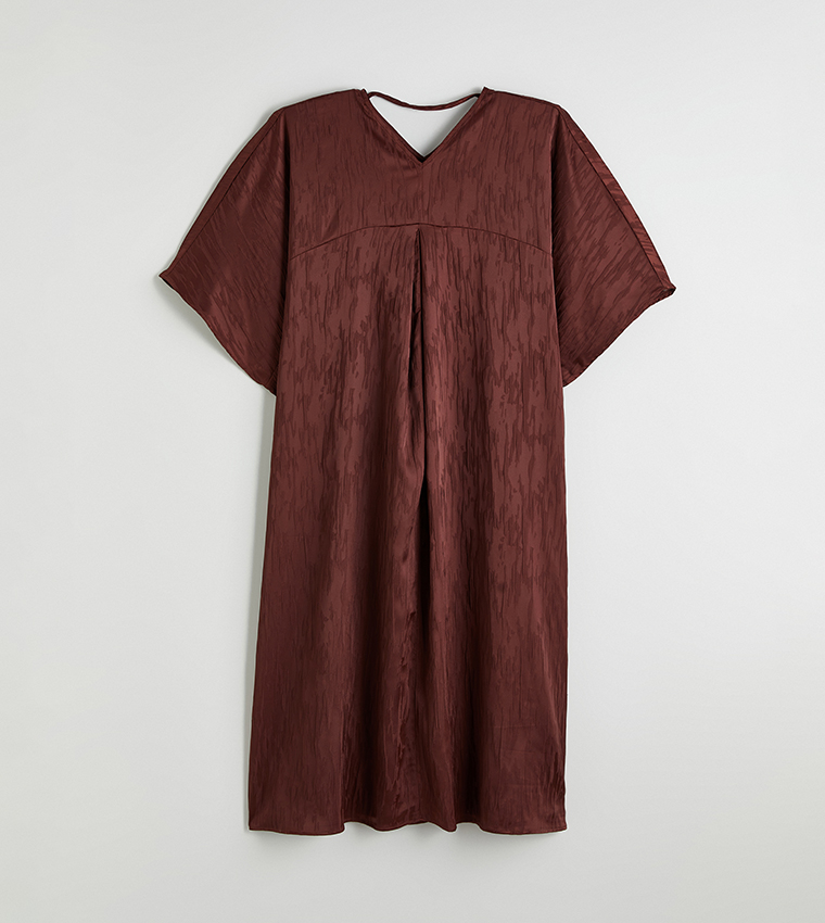 Patterned 3/4 Sleeves V-Neck Midi Dress