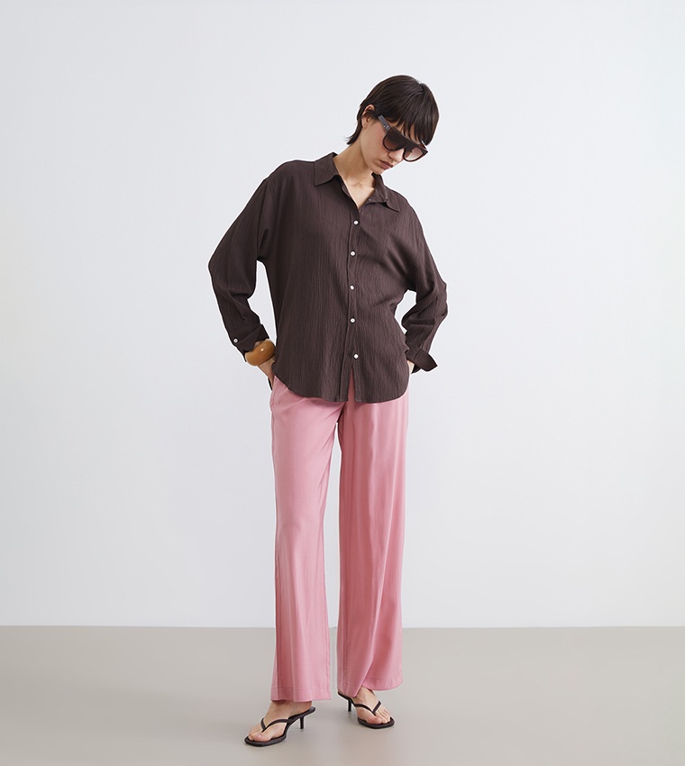 Solid Elastic Waist Wide Leg Pants