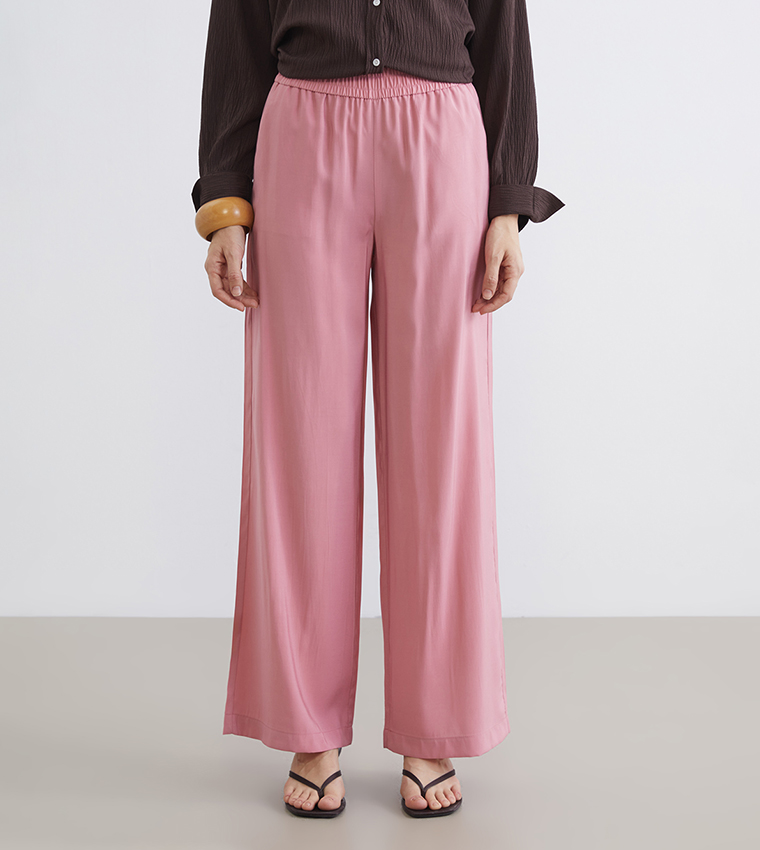 Solid Elastic Waist Wide Leg Pants
