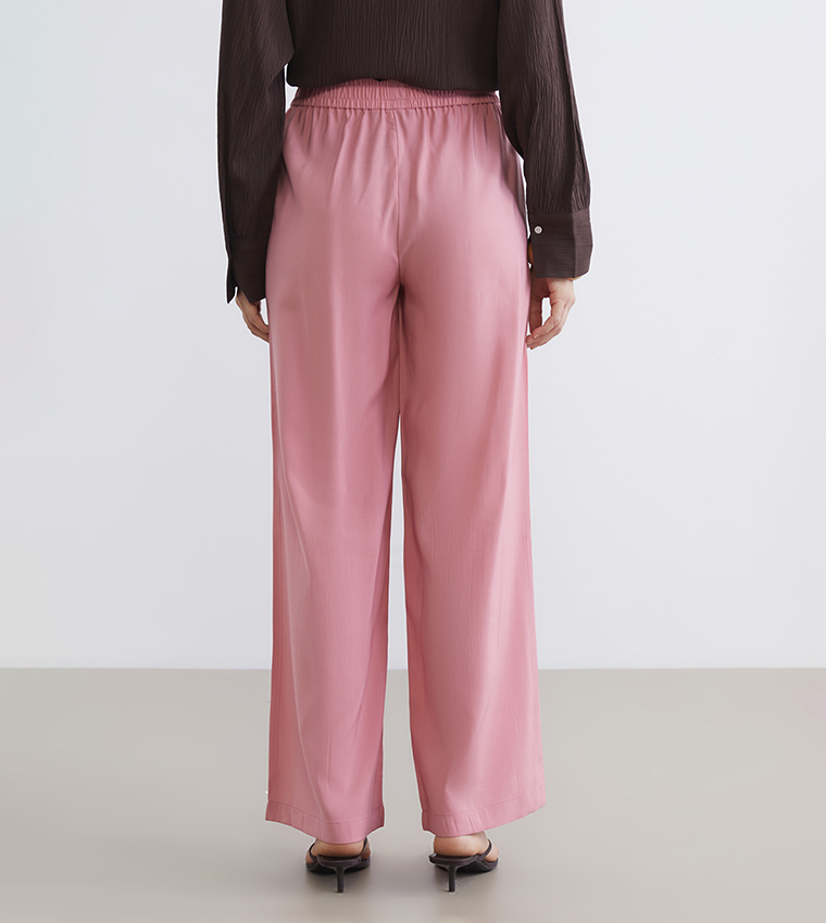 Solid Elastic Waist Wide Leg Pants