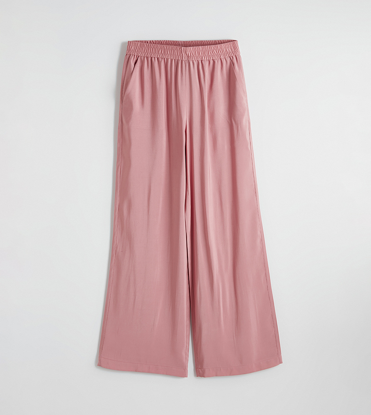 Solid Elastic Waist Wide Leg Pants
