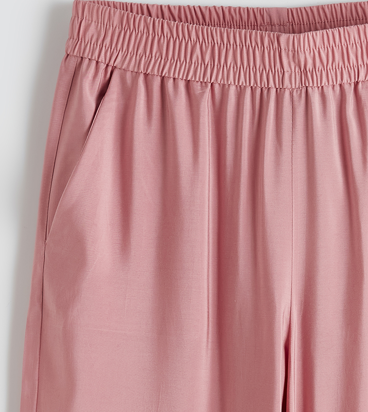 Solid Elastic Waist Wide Leg Pants