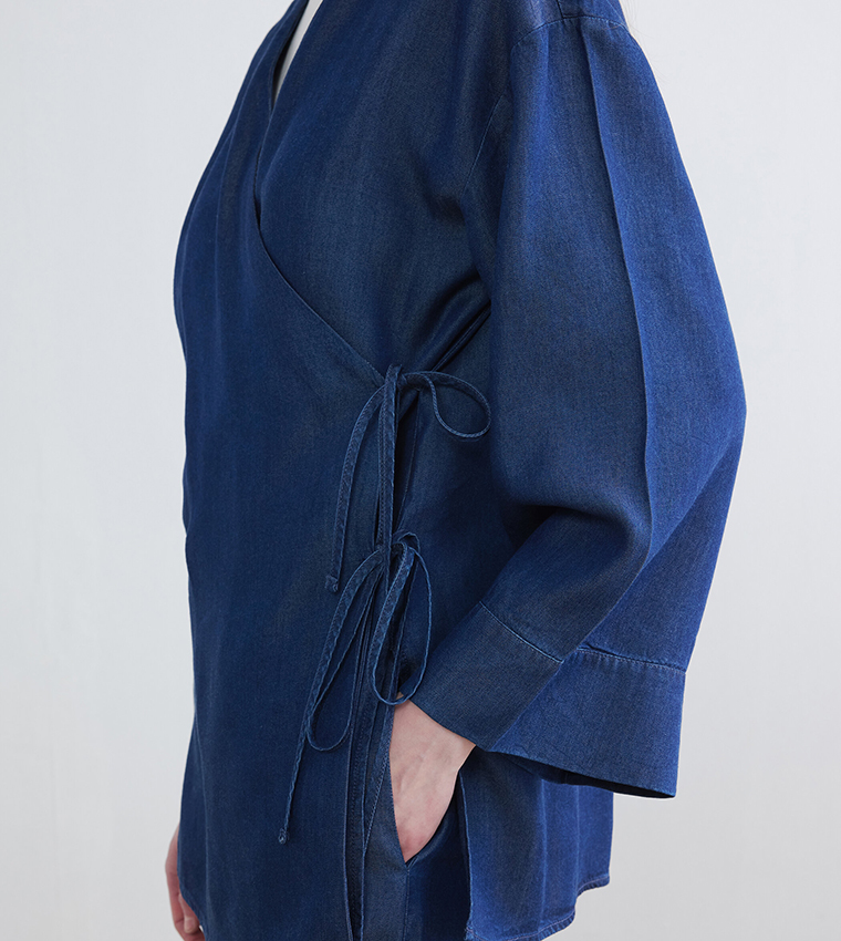 Wrap Tie Bell Sleeves Denim Kimono