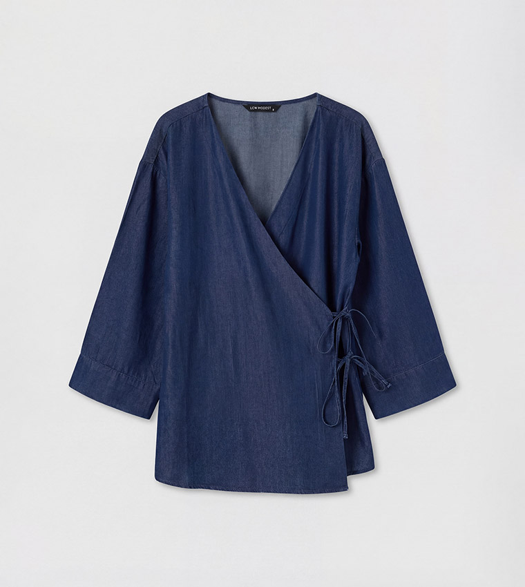 Wrap Tie Bell Sleeves Denim Kimono