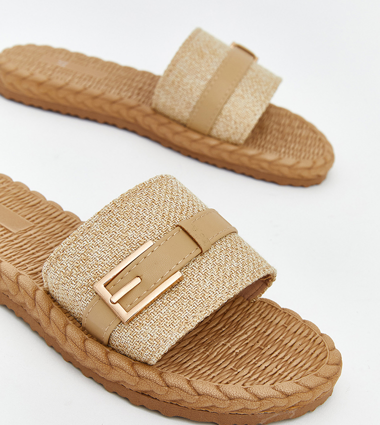 Buckle Detail Straw Flat Sandals