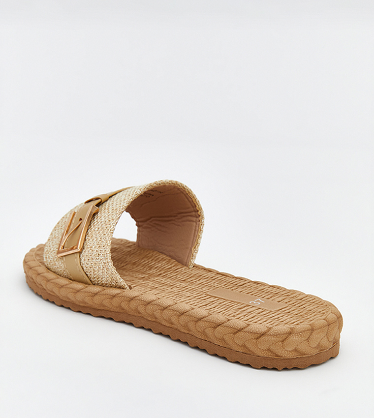 Buckle Detail Straw Flat Sandals