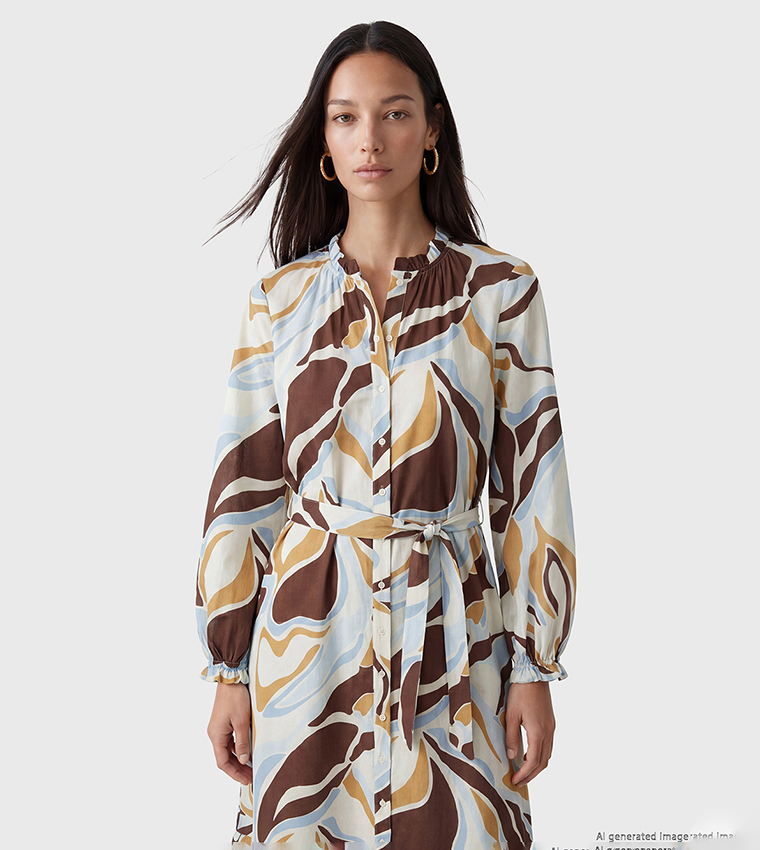 Abstract Print Ruffle Neck Long Sleeves Belted Shirt Dress