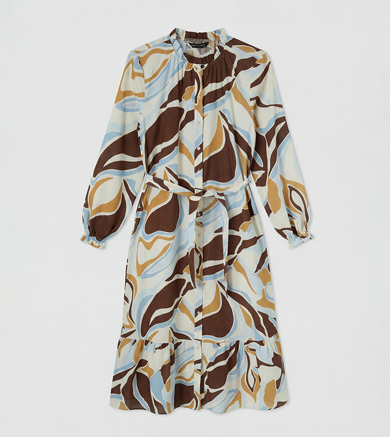 Abstract Print Ruffle Neck Long Sleeves Belted Shirt Dress