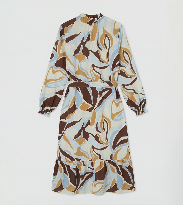 Abstract Print Ruffle Neck Long Sleeves Belted Shirt Dress