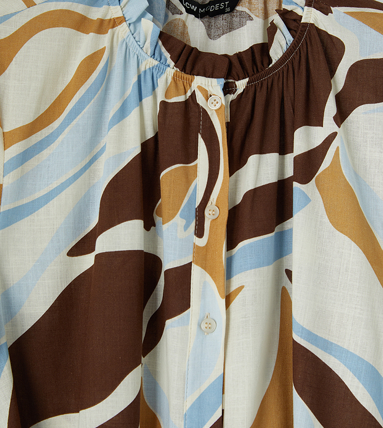 Abstract Print Ruffle Neck Long Sleeves Belted Shirt Dress