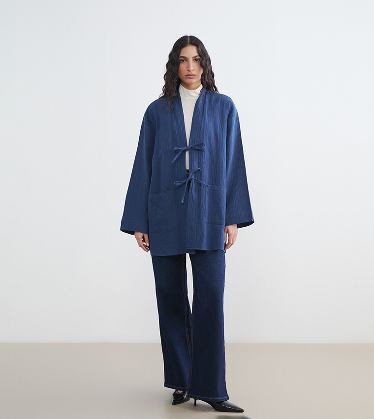 Textured Tie-Up Long Sleeves Kimono