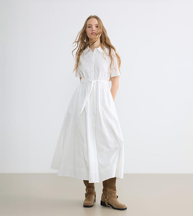 Broderie Openwork Belted Short Sleeves Shirt Dress