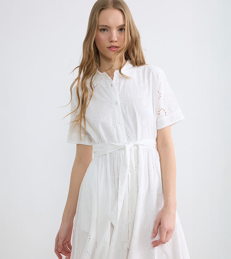 Broderie Openwork Belted Short Sleeves Shirt Dress