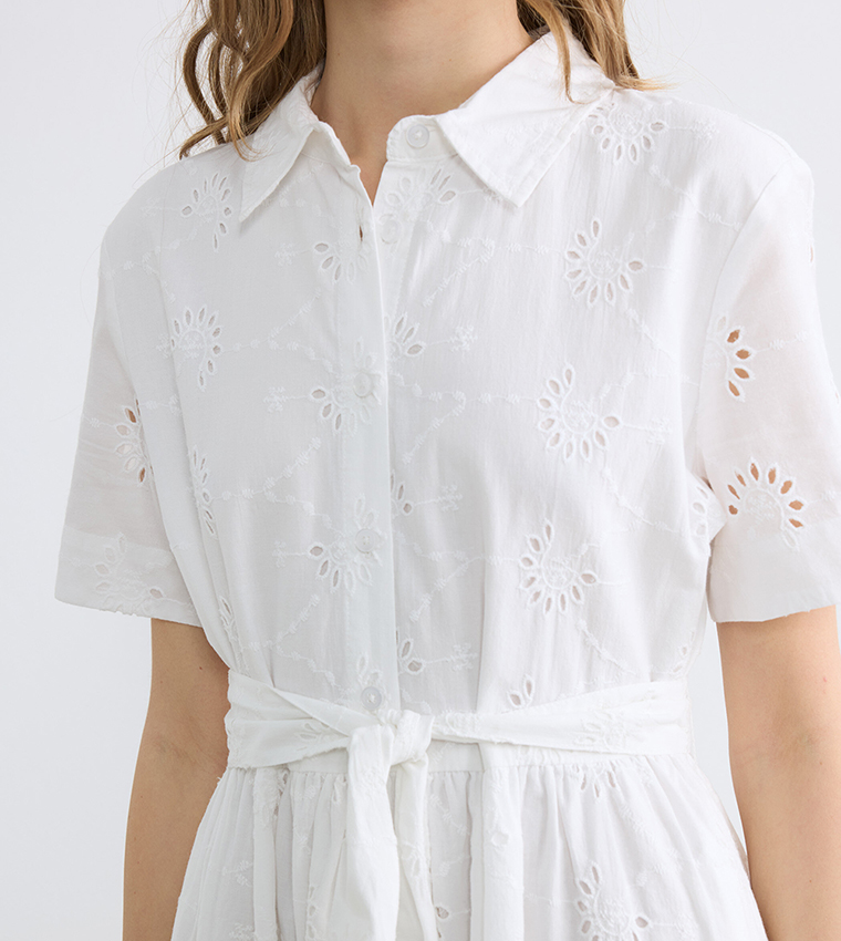 Broderie Openwork Belted Short Sleeves Shirt Dress