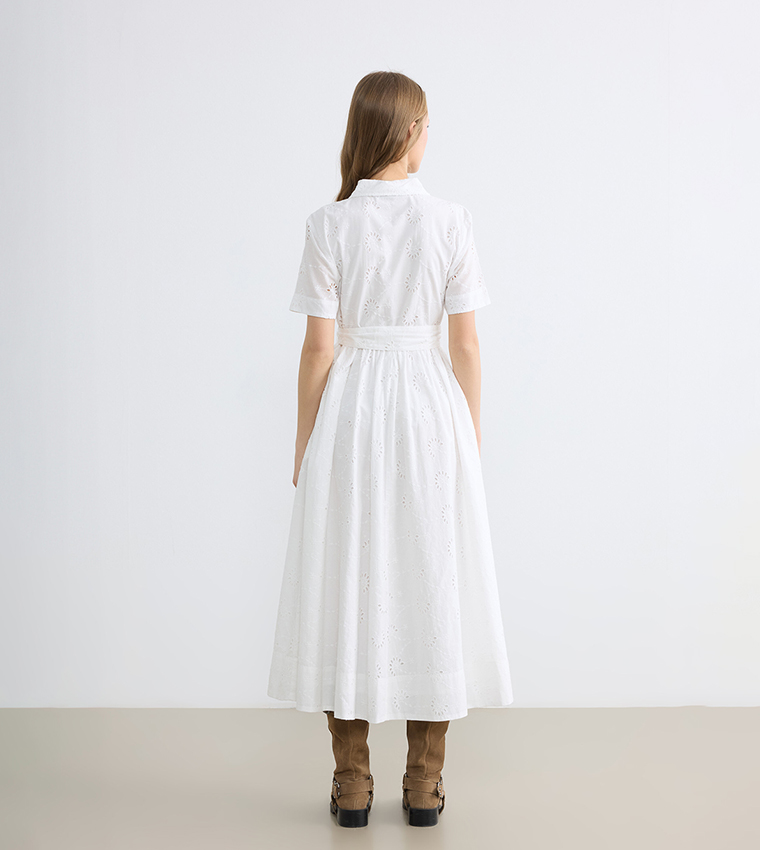 Broderie Openwork Belted Short Sleeves Shirt Dress