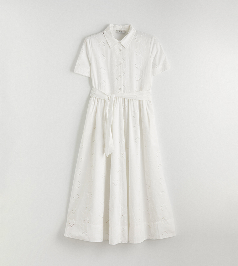 Broderie Openwork Belted Short Sleeves Shirt Dress