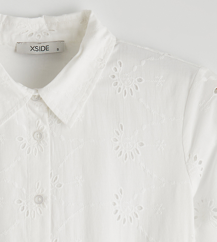 Broderie Openwork Belted Short Sleeves Shirt Dress