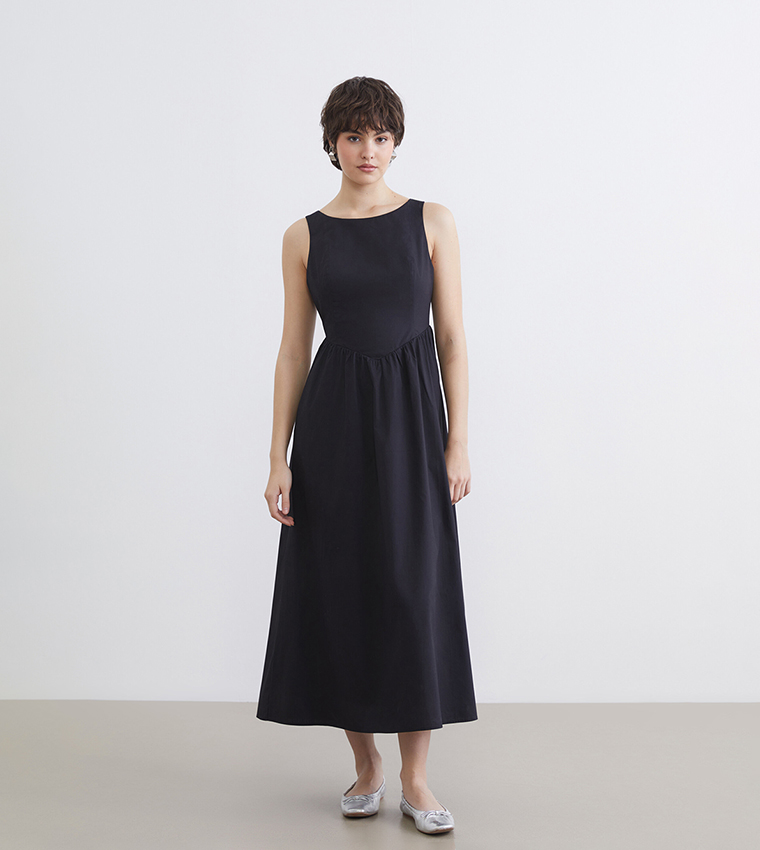 Gathered Skirt Boat Neck Sleeveless Midi Dress