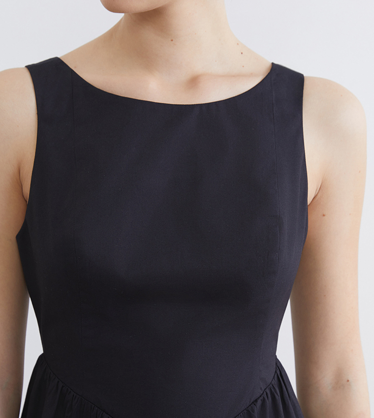 Gathered Skirt Boat Neck Sleeveless Midi Dress