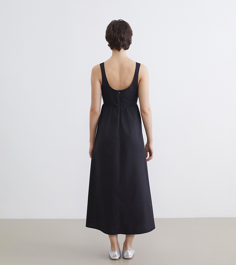 Gathered Skirt Boat Neck Sleeveless Midi Dress
