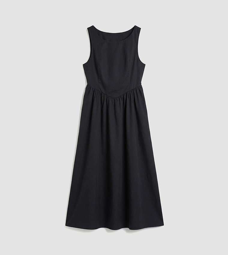 Gathered Skirt Boat Neck Sleeveless Midi Dress