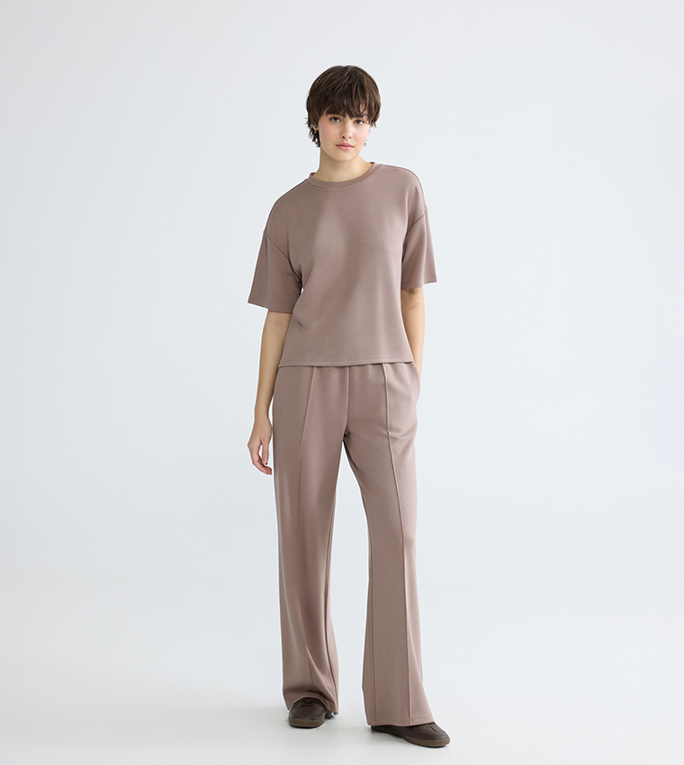 Solid Seam Detail Wide Leg Trousers