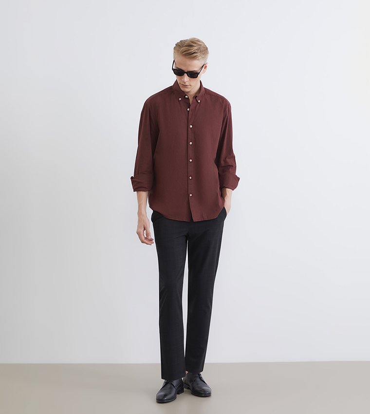 Solid Button-Down Collar Linen Look Shirt