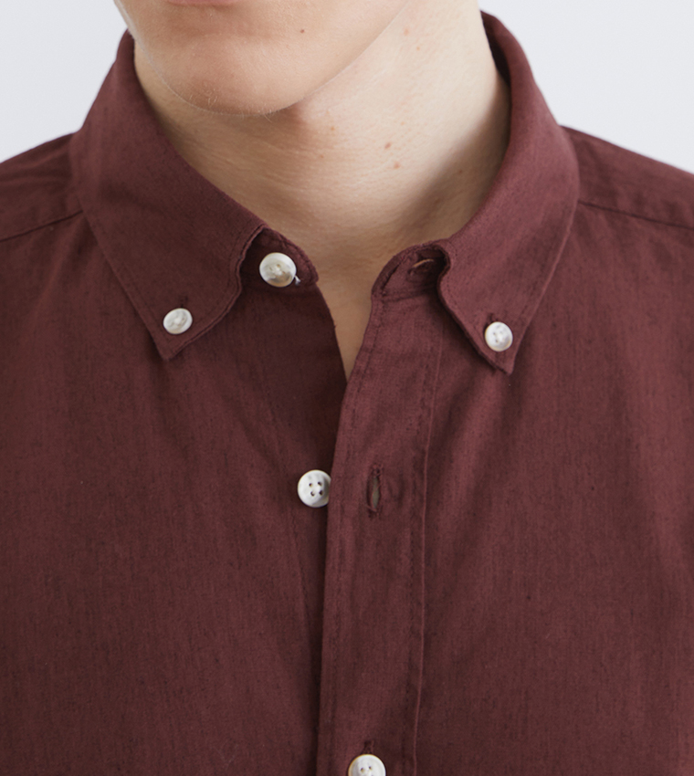 Solid Button-Down Collar Linen Look Shirt
