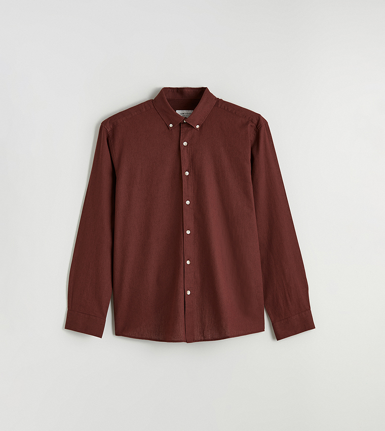 Solid Button-Down Collar Linen Look Shirt