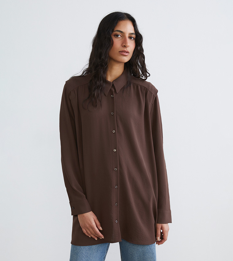 Long Sleeves Gathered Oversized Tunic Shirt
