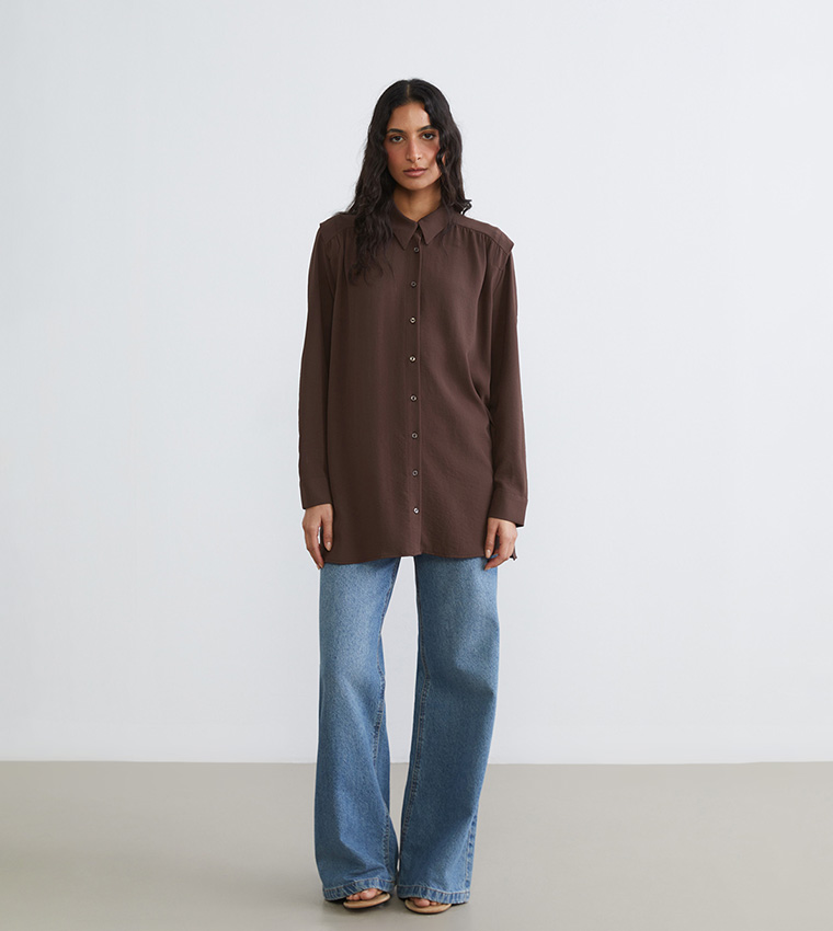 Long Sleeves Gathered Oversized Tunic Shirt