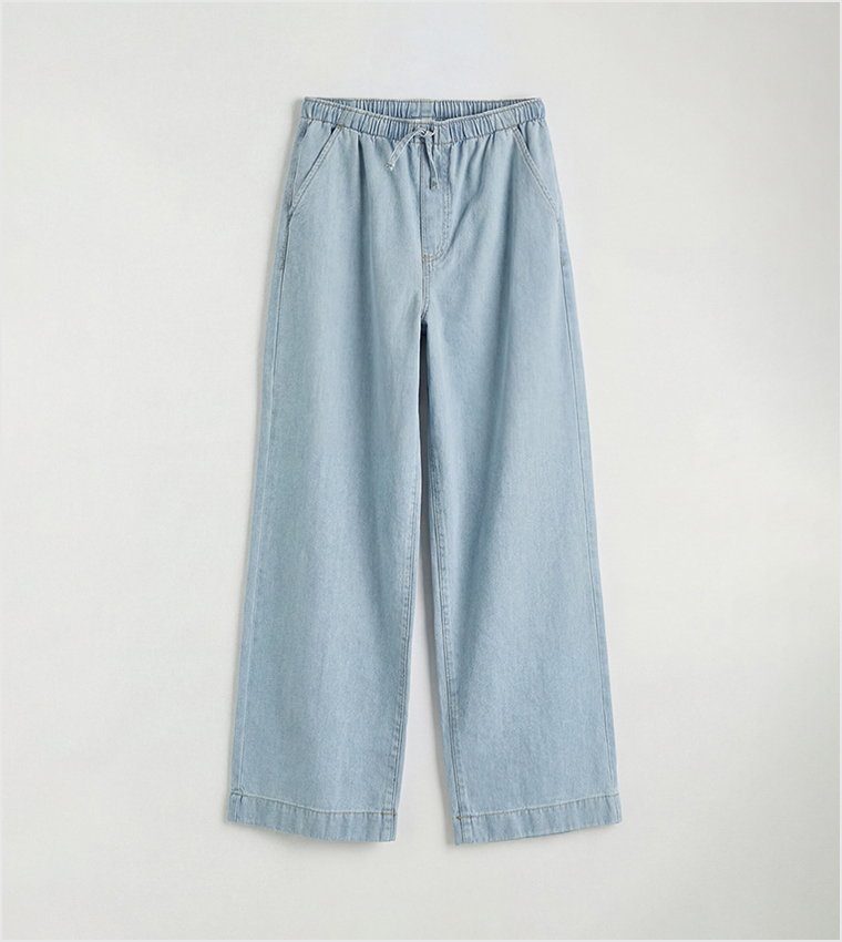 Washed Drawstring Waist Wide Leg Jeans