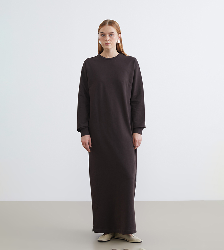 Solid Long Sleeves Crew Neck Maxi Dress