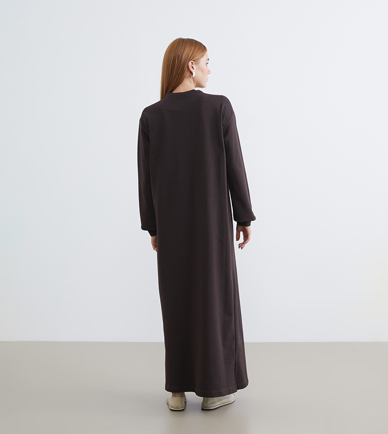 Solid Long Sleeves Crew Neck Maxi Dress