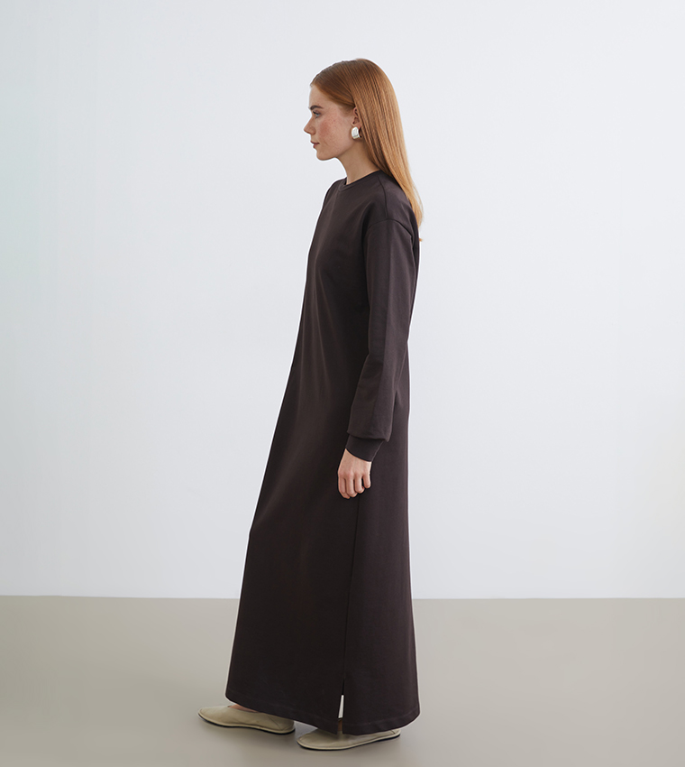 Solid Long Sleeves Crew Neck Maxi Dress