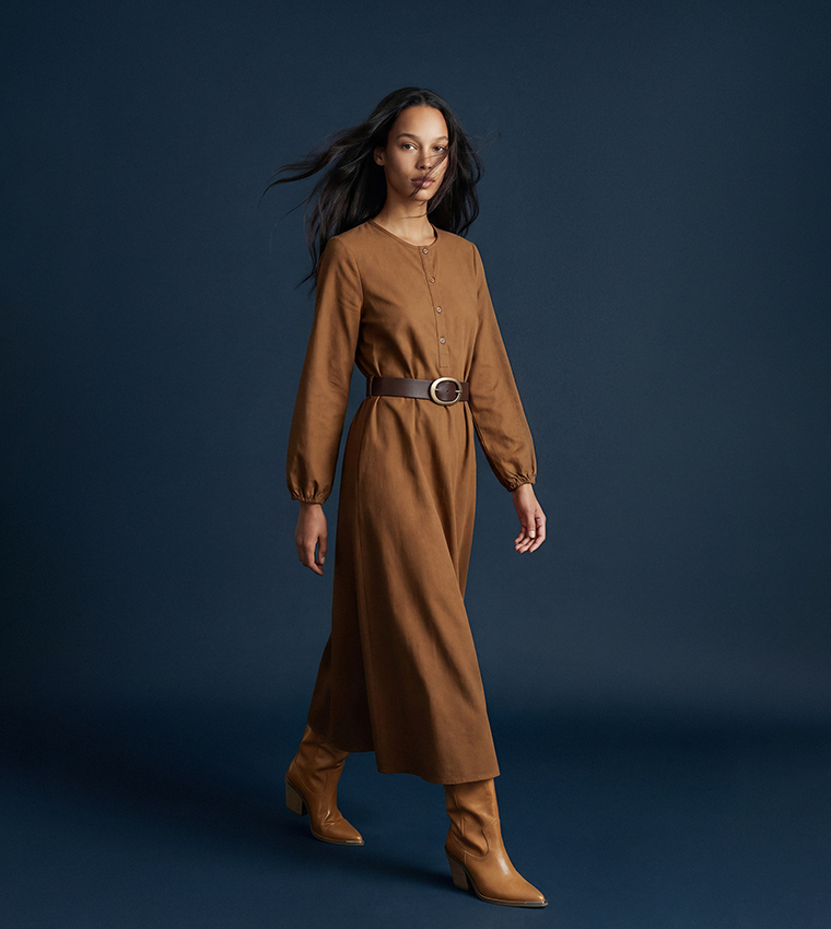 Belted Crew Neck Midaxi Dress