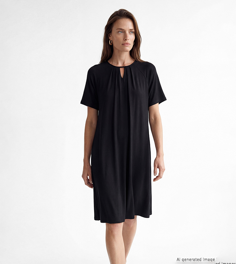 Keyhole Ruched Raglan Short Sleeves A-Line Dress