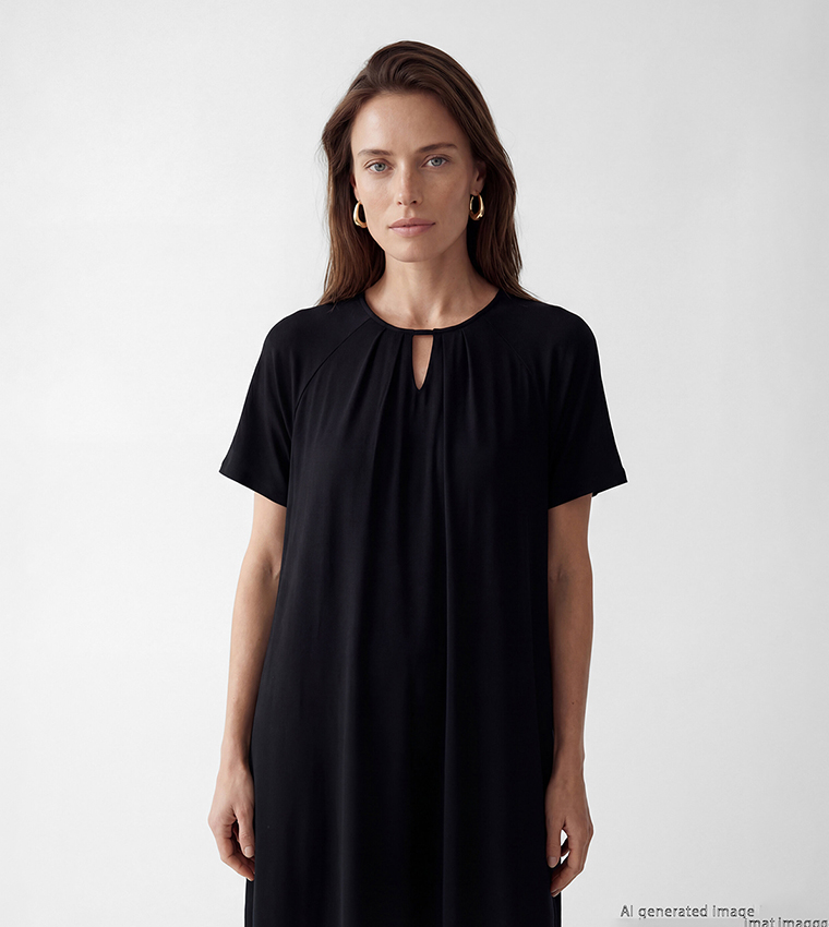 Keyhole Ruched Raglan Short Sleeves A-Line Dress